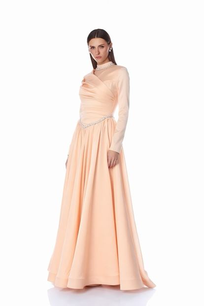 Powder Pink Mandarin Collar Embellished Satin Evening Dress